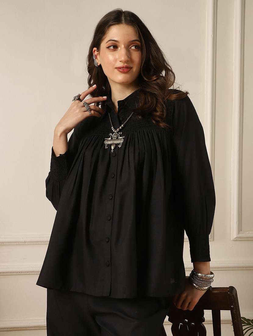 globus women black shirt collar bishop sleeve top & trousers co-ord set  - 22053004 -  Standard Image - 3