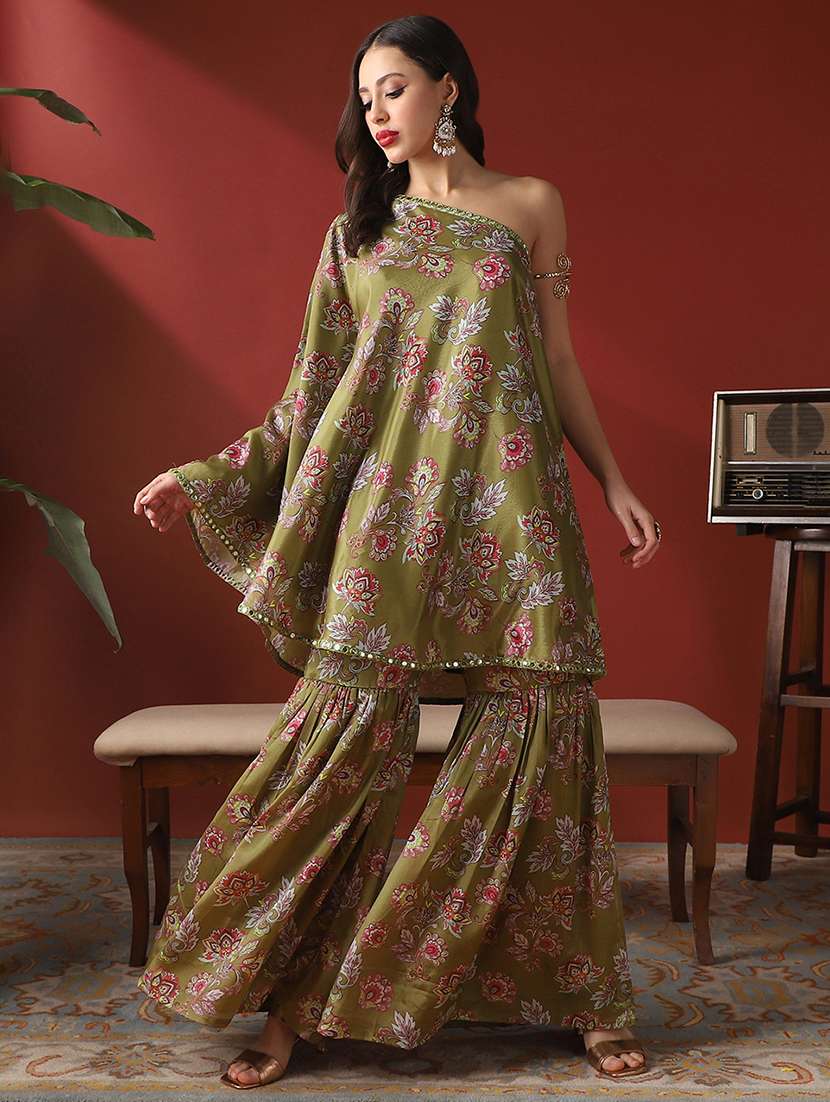 globus women green floral print mirror detail one shoulder bell sleeves top & sharara festive co-ord set - 22053005 - Zoom Image - 0