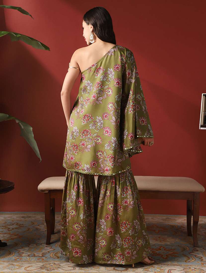 globus women green floral print mirror detail one shoulder bell sleeves top & sharara festive co-ord set - 22053005 - Standard Image - 3