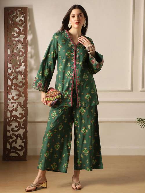 globus women green embroidery detail mirror work ethnic motifs bell sleeves front slit top with pants fusion co-ord set - 22053006 - Standard Image - 0
