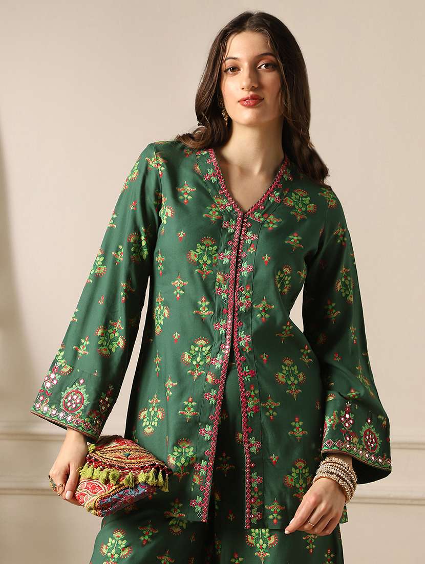globus women green embroidery detail mirror work ethnic motifs bell sleeves front slit top with pants fusion co-ord set - 22053006 - Standard Image - 3