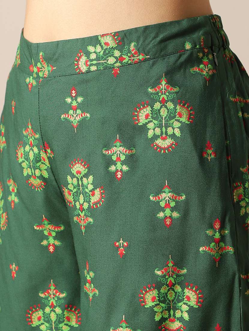 globus women green embroidery detail mirror work ethnic motifs bell sleeves front slit top with pants fusion co-ord set - 22053006 - Standard Image - 5