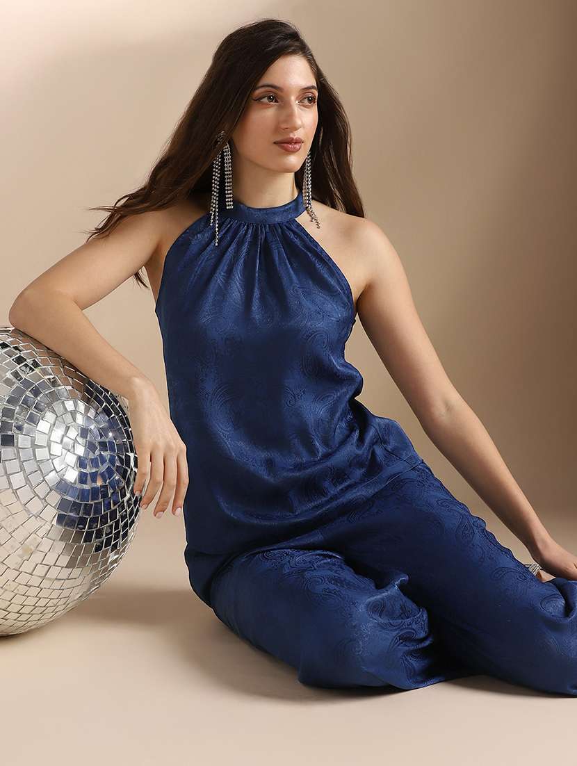 globus women blue halter neck self design sleeveless top & trousers party co-ord set - 22053007 - Standard Image - 3