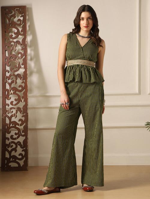 globus women olive v-neck striped embroidered belt peplum top & bell bottom pants fusion co-ord set - 22053010 - Standard Image - 0