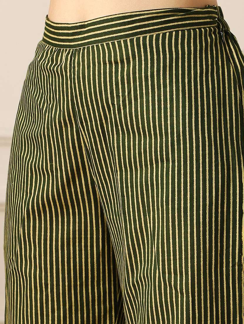 globus women olive v-neck striped embroidered belt peplum top & bell bottom pants fusion co-ord set - 22053010 - Standard Image - 5