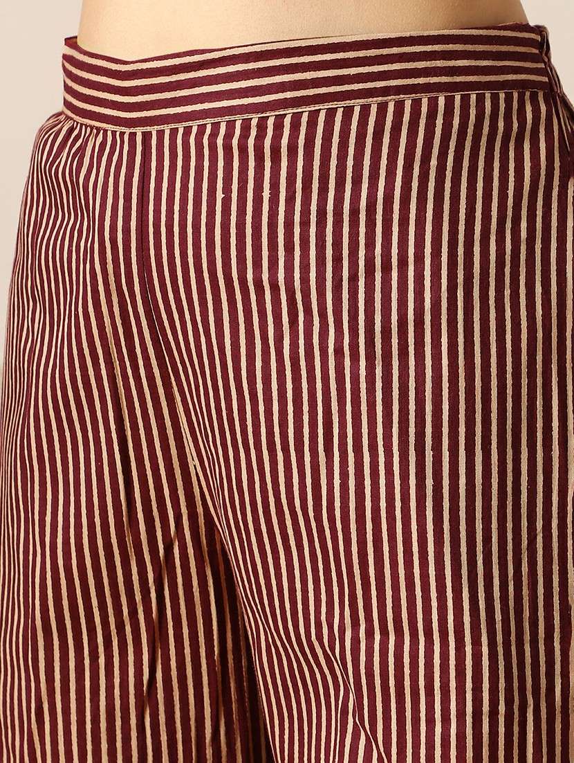 globus women burgundy v-neck striped embroidered belt peplum top & bell bottom pants fusion co-ord set - 22053011 -  Standard Image - 5
