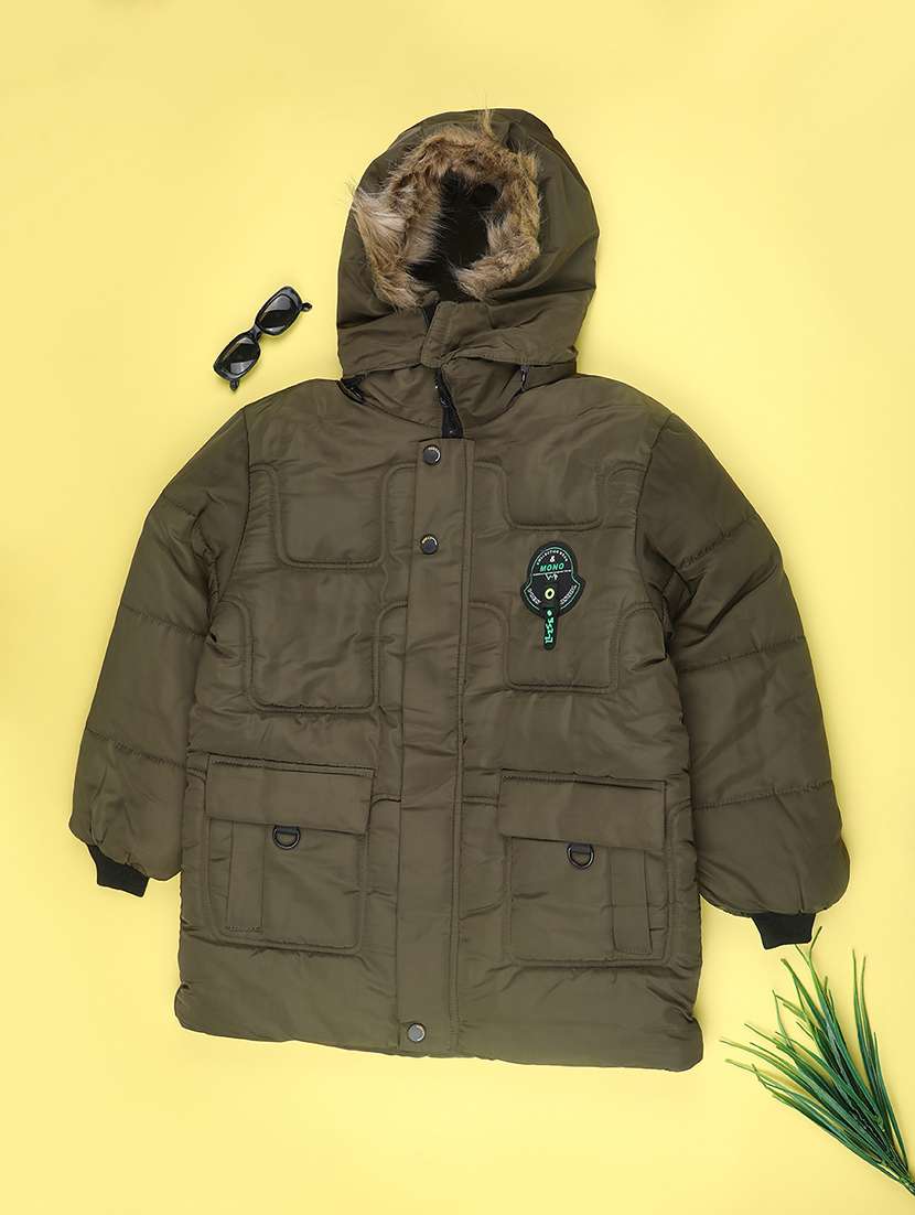 boys solid long sleeve hooded quilted jacket