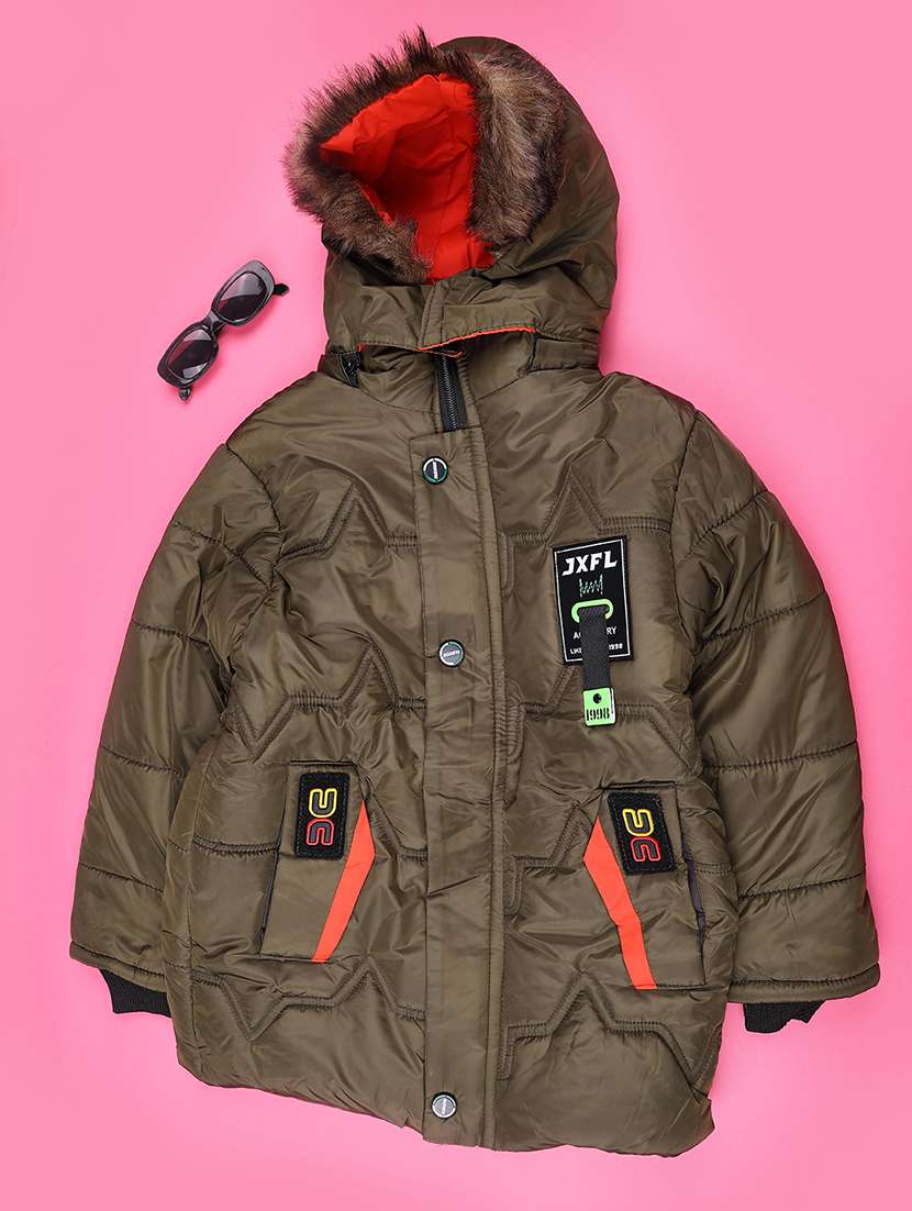 boys solid long sleeve hooded quilted jacket