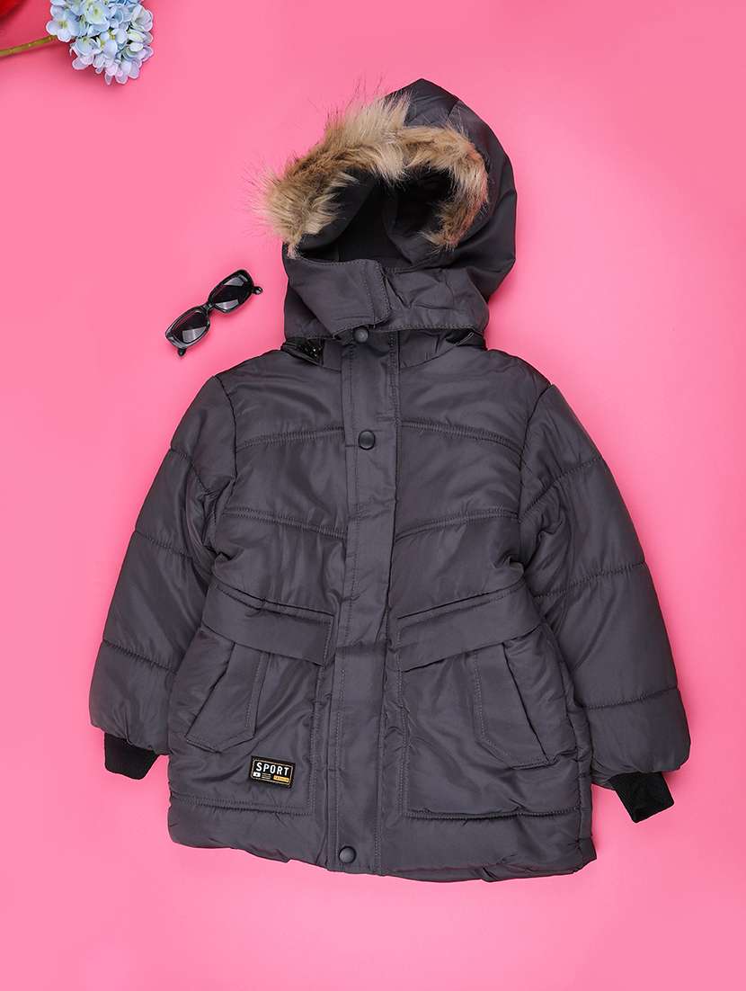 boys solid long sleeve hooded quilted jacket