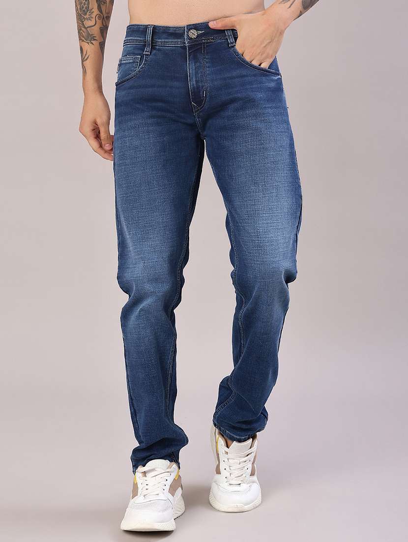 men washed mid rise full length jeans