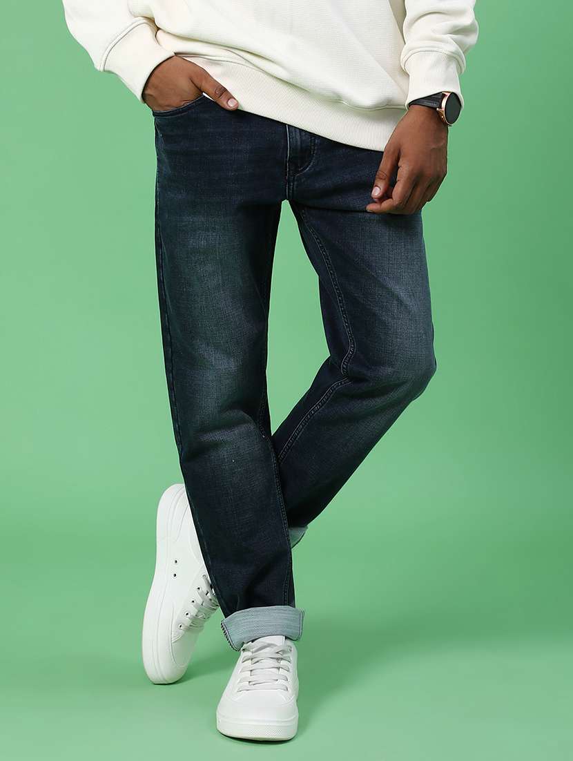 men washed mid rise full length jeans