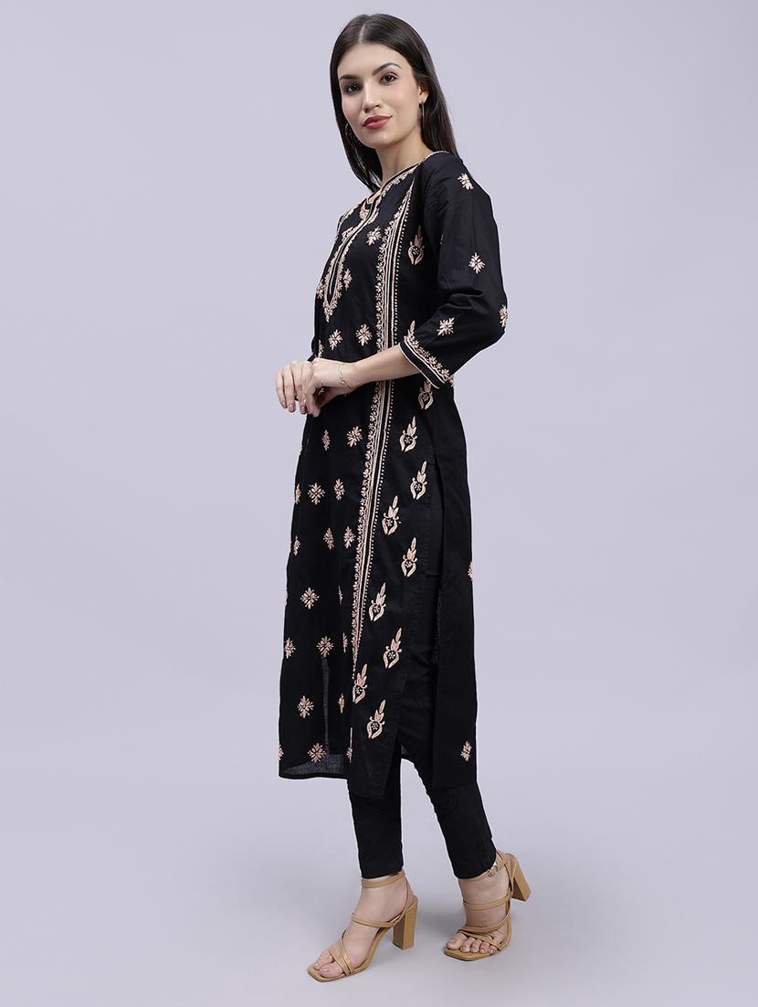 women chikankari three quarter sleeve straight kurta - 22053649 - Standard Image - 3