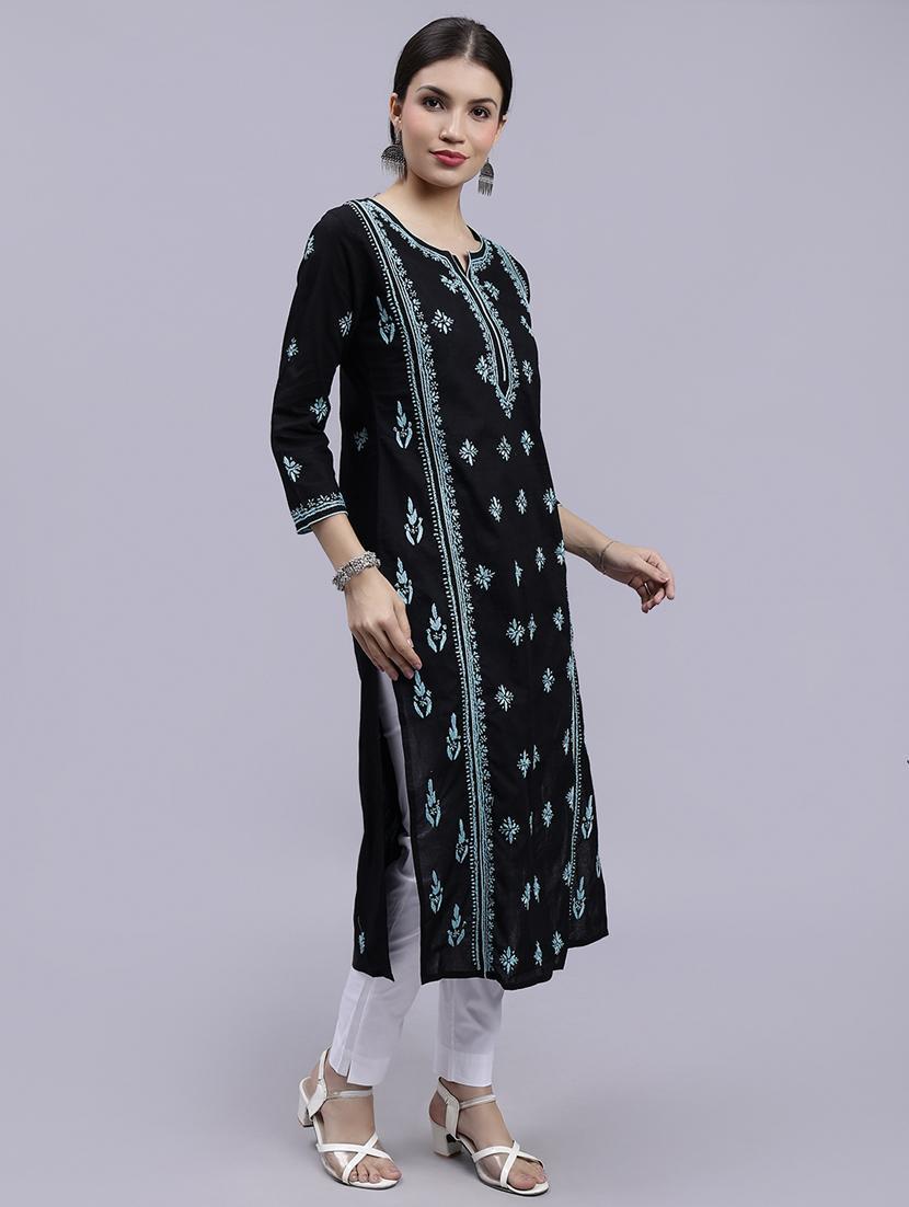 women chikankari three quarter sleeve straight kurta - 22053651 - Standard Image - 3