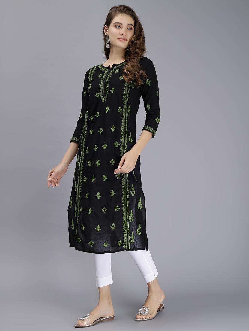 women chikankari three quarter sleeve straight kurta - 22053653 - Standard Image - 3