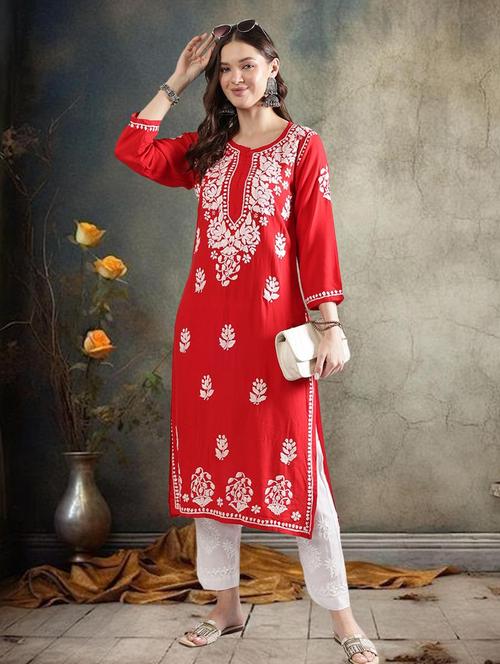 women chikankari three quarter sleeve straight kurta - 22053654 - Standard Image - 0