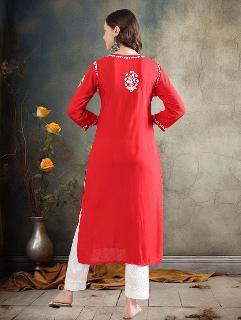 women chikankari three quarter sleeve straight kurta - 22053654 - Standard Image - 3
