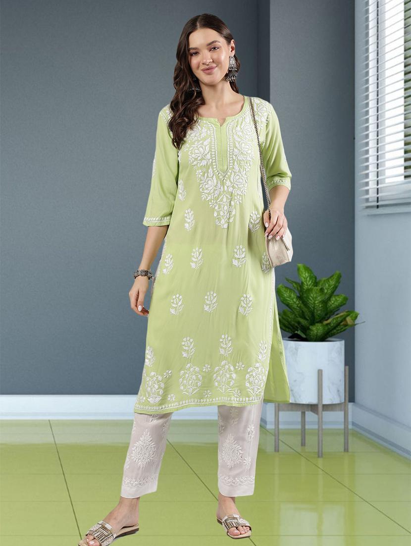 women chikankari three quarter sleeve straight kurta - 22053655 - Zoom Image - 0