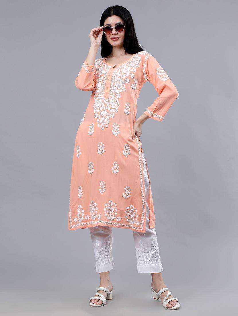 women chikankari three quarter sleeve straight kurta