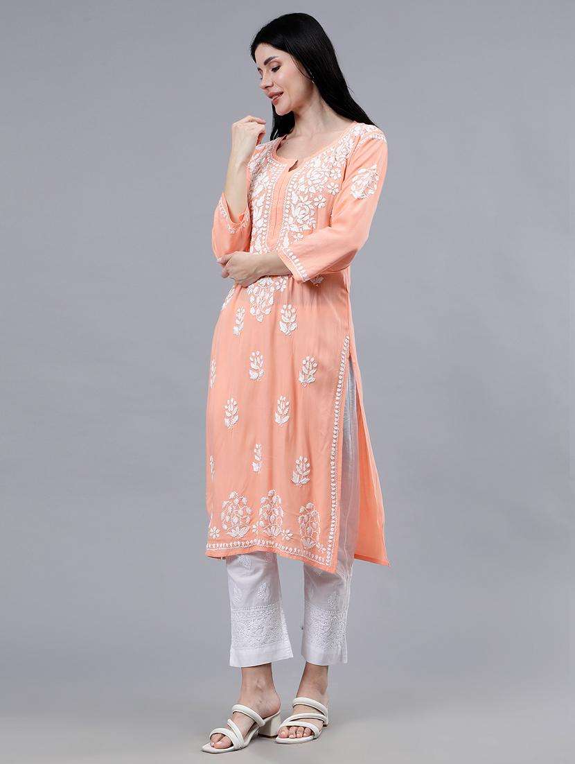 women chikankari three quarter sleeve straight kurta - 22053656 -  Standard Image - 3