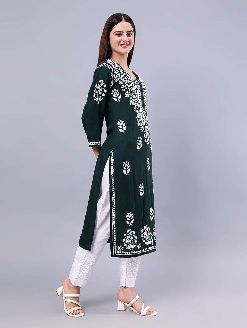 women chikankari three quarter sleeve straight kurta - 22053657 -  Standard Image - 3