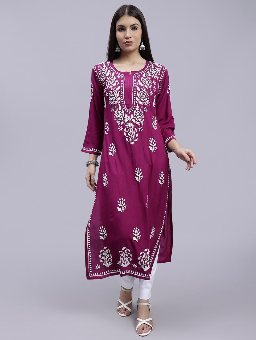 women chikankari three quarter sleeve straight kurta - 22053659 -  Zoom Image - 0