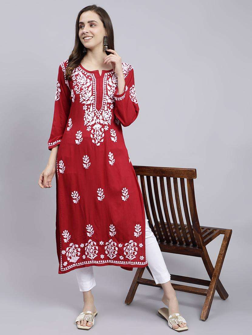 women chikankari three quarter sleeve straight kurta