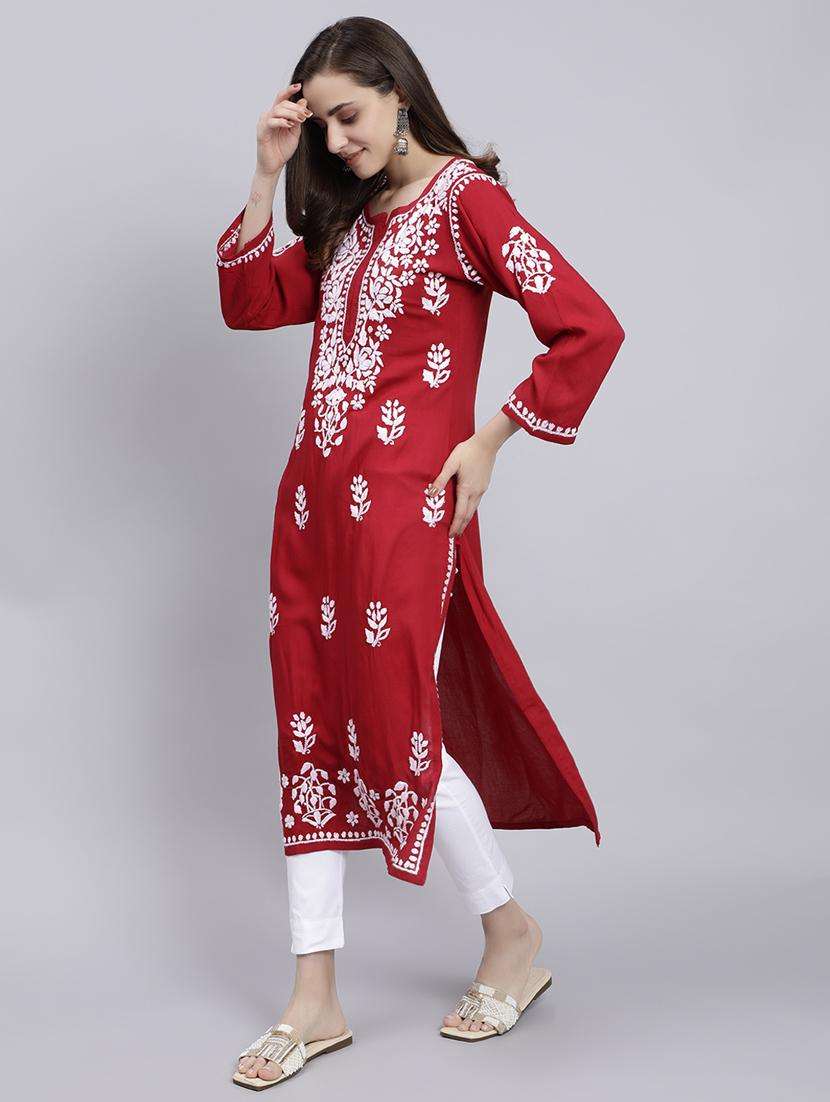 women chikankari three quarter sleeve straight kurta - 22053660 -  Standard Image - 3