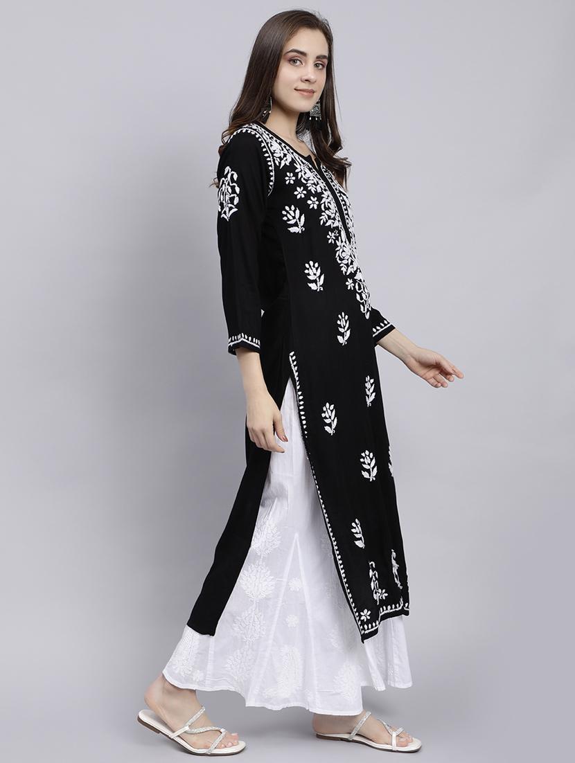 women chikankari three quarter sleeve straight kurta - 22053661 - Standard Image - 3