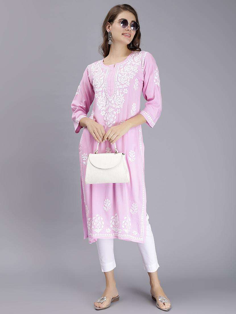women chikankari three quarter sleeve straight kurta