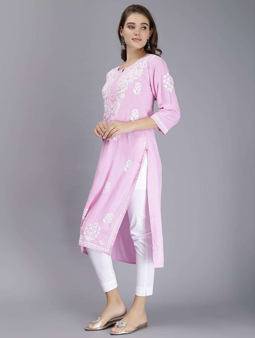 women chikankari three quarter sleeve straight kurta - 22053662 -  Standard Image - 3