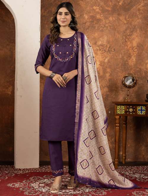 women embroidered three quarter sleeve kurta pant with dupatta set - 22053740 -  Standard Image - 0