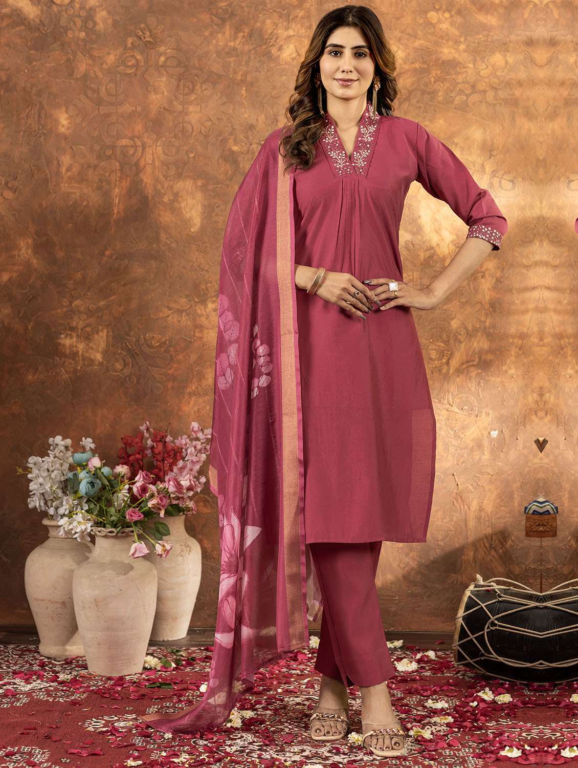 women embroidered three quarter sleeve kurta pant with dupatta set