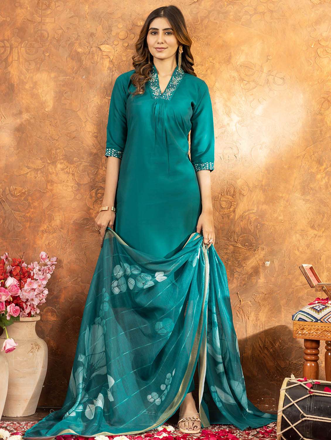 women embroidered three quarter sleeve kurta pant with dupatta set