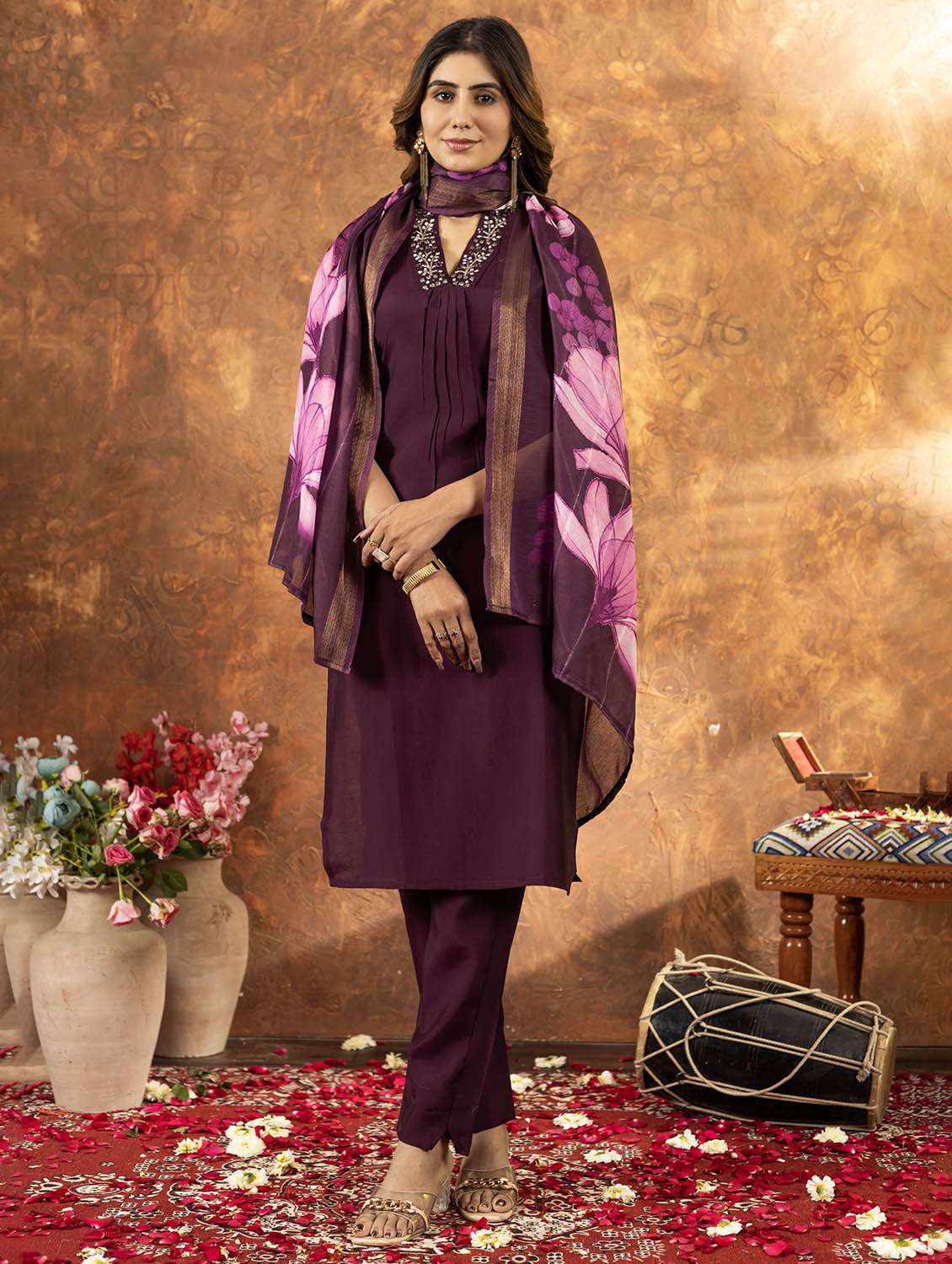 women embroidered three quarter sleeve kurta pant with dupatta set
