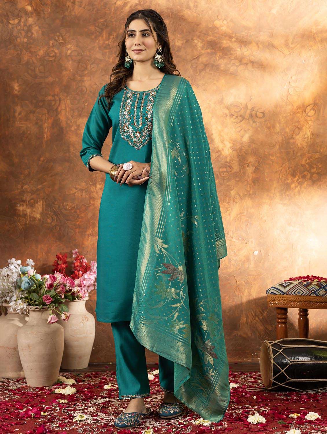 women embroidered three quarter sleeve kurta pant with dupatta set - 22053744 - Zoom Image - 0