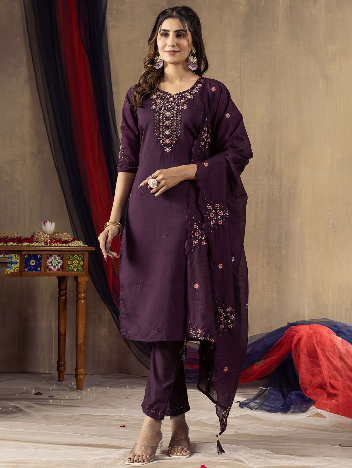 women embroidered three quarter sleeve kurta pant with dupatta set