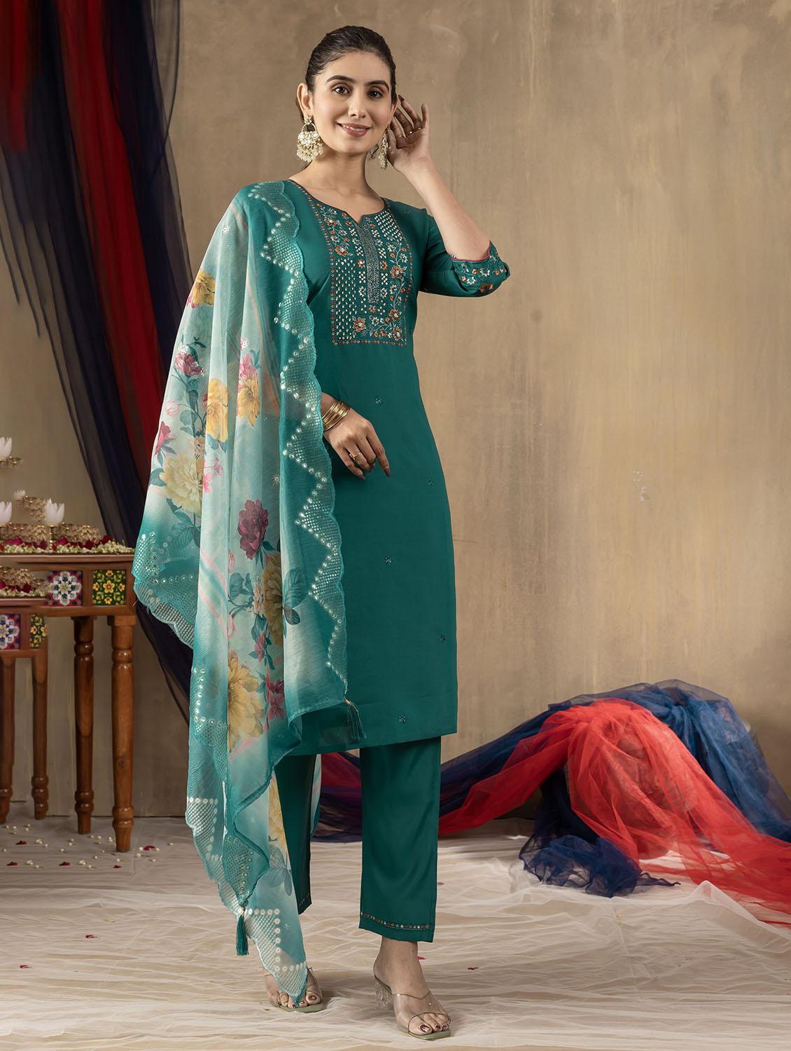 women embroidered three quarter sleeve kurta pant with dupatta set