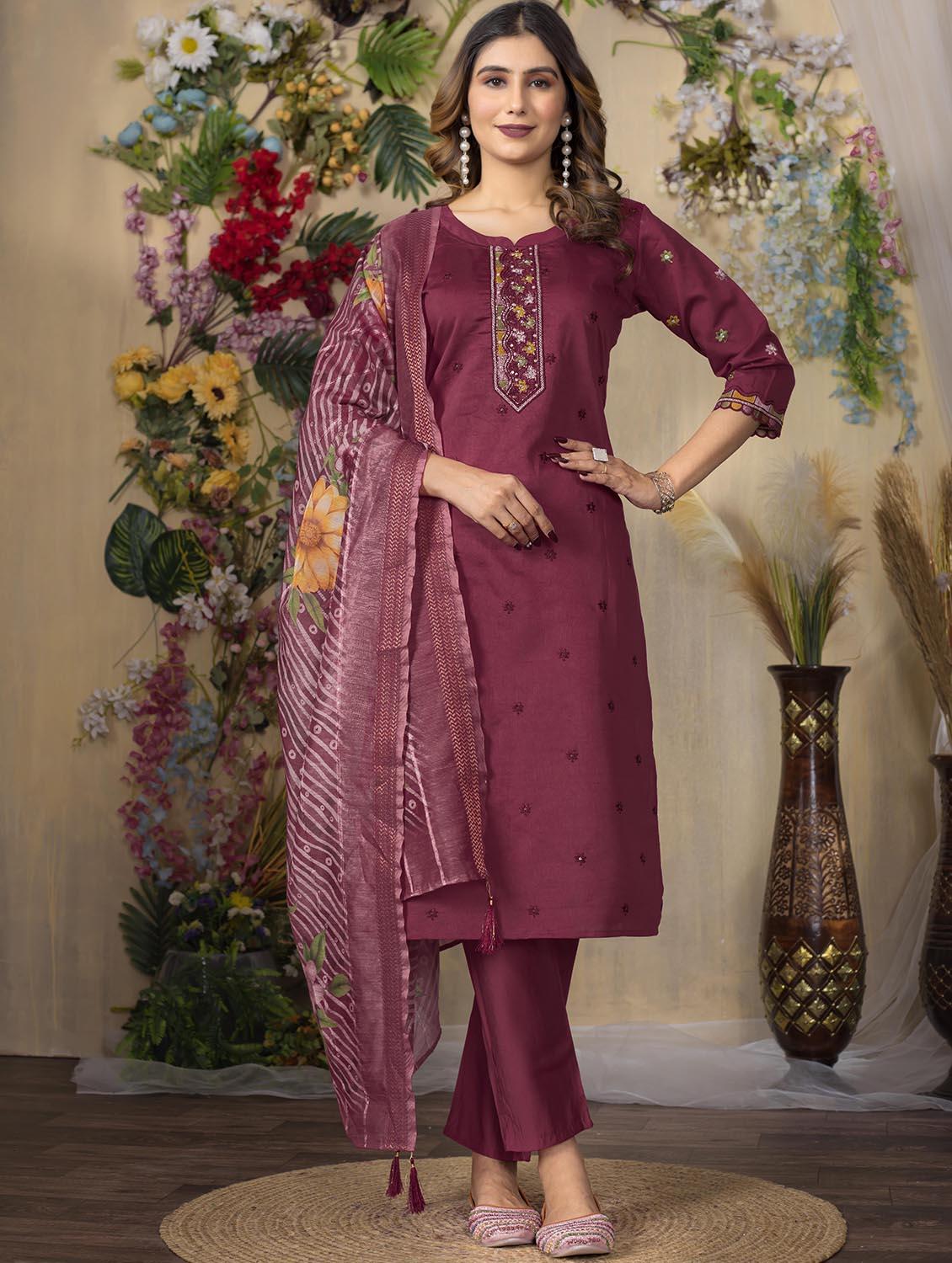 women embroidered three quarter sleeve kurta pant with dupatta set
