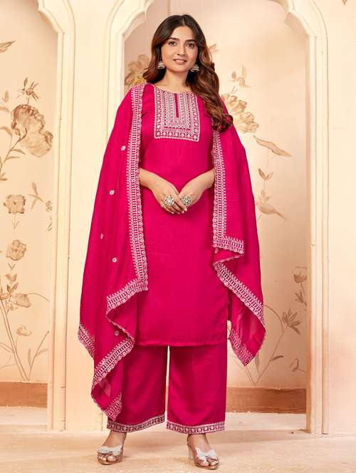 women embroidered three quarter sleeve kurta palazzo with dupatta set - 22053757 -  Standard Image - 0