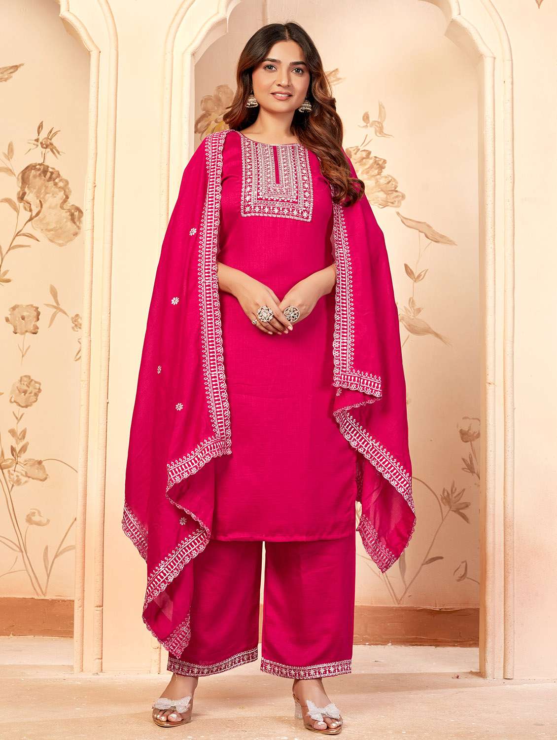 women embroidered three quarter sleeve kurta palazzo with dupatta set - 22053757 -  Zoom Image - 0