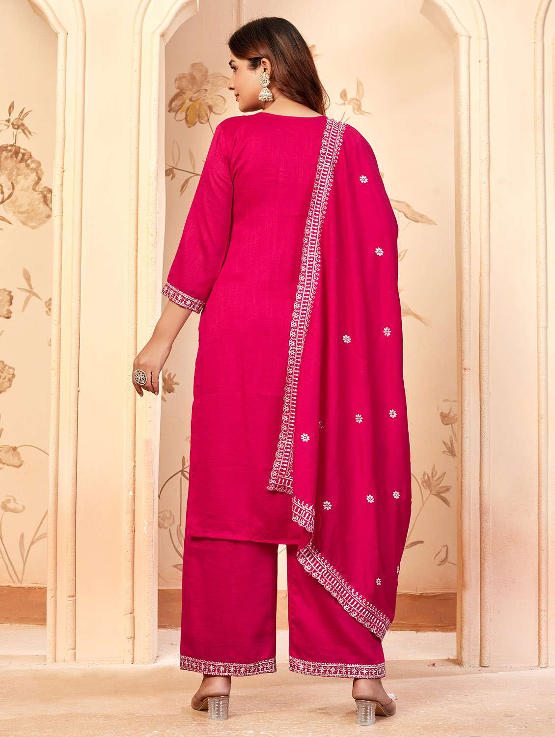 women embroidered three quarter sleeve kurta palazzo with dupatta set - 22053757 -  Standard Image - 3