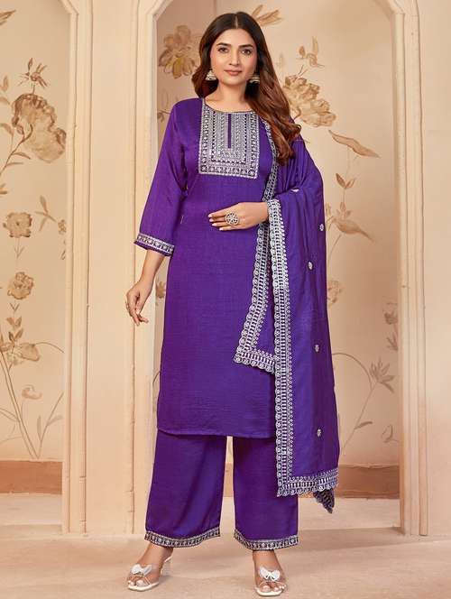 women embroidered three quarter sleeve kurta palazzo with dupatta set - 22053758 -  Standard Image - 0