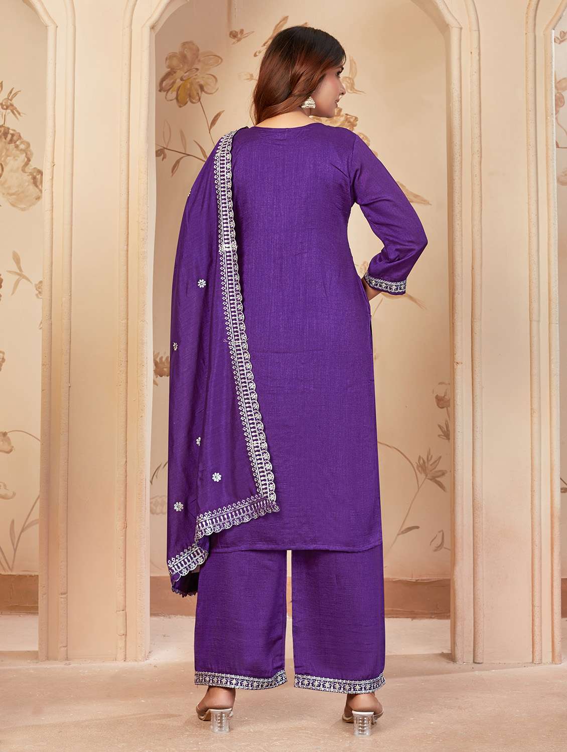 women embroidered three quarter sleeve kurta palazzo with dupatta set - 22053758 -  Standard Image - 3