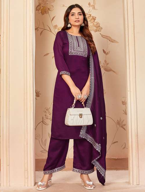 women embroidered three quarter sleeve kurta palazzo with dupatta set - 22053759 - Standard Image - 0