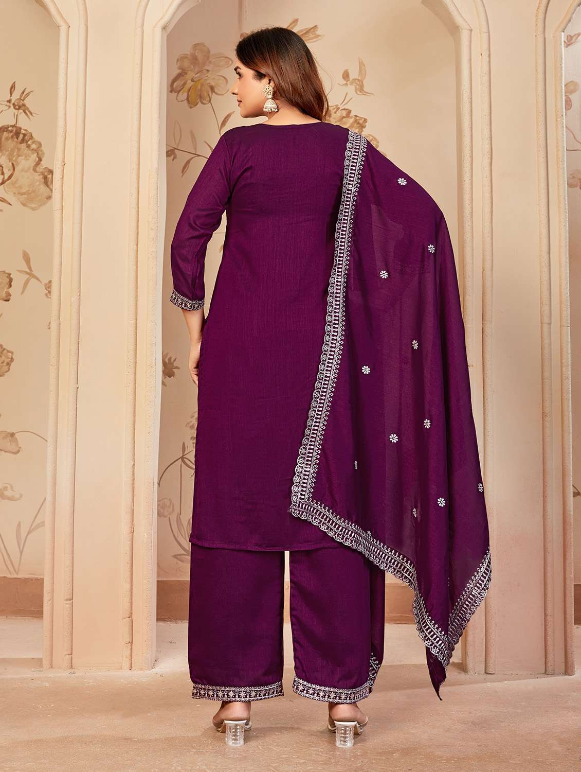 women embroidered three quarter sleeve kurta palazzo with dupatta set - 22053759 - Standard Image - 3