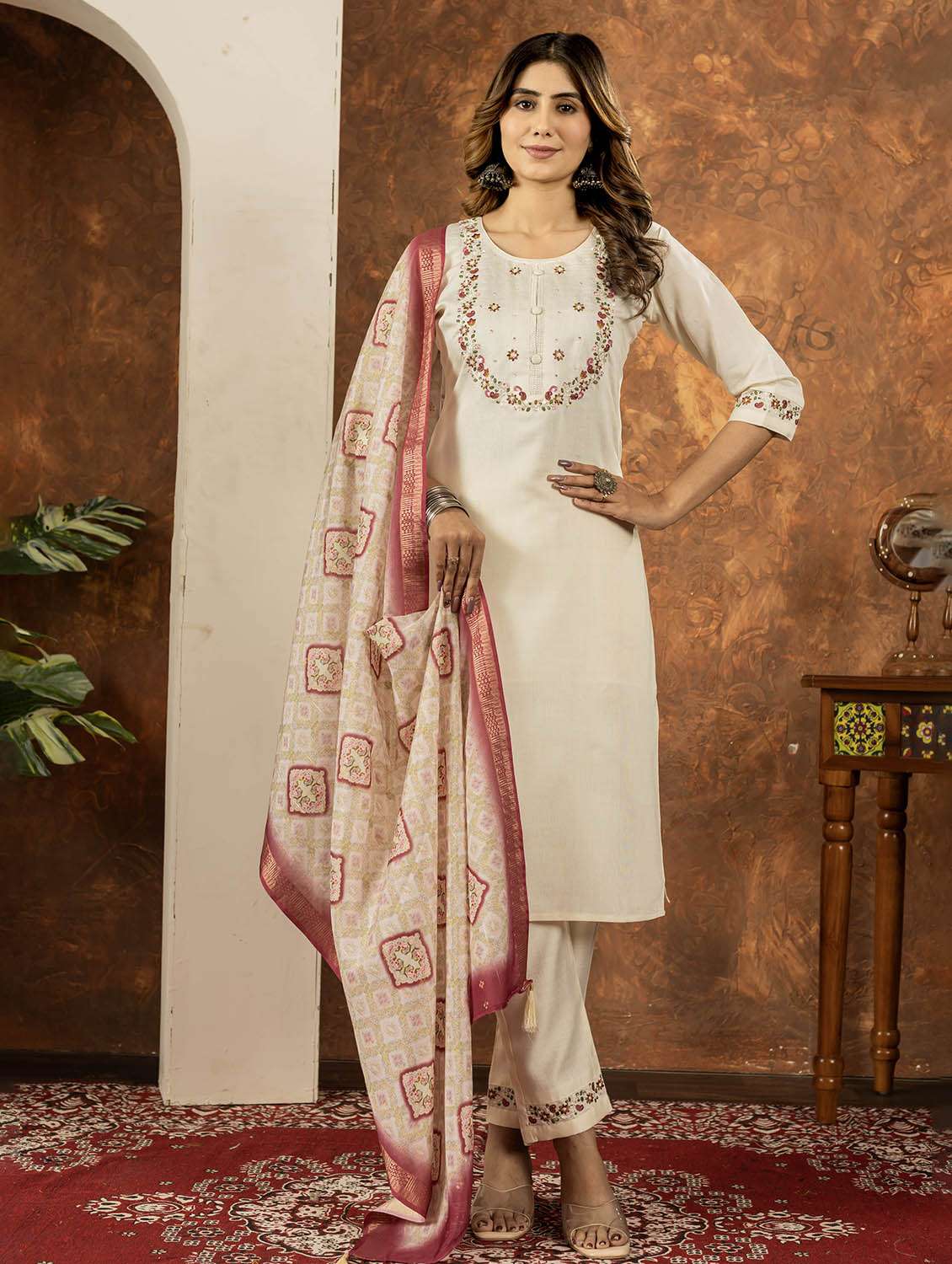 women embroidered three quarter sleeve kurta pant with dupatta set - 22053764 - Zoom Image - 0