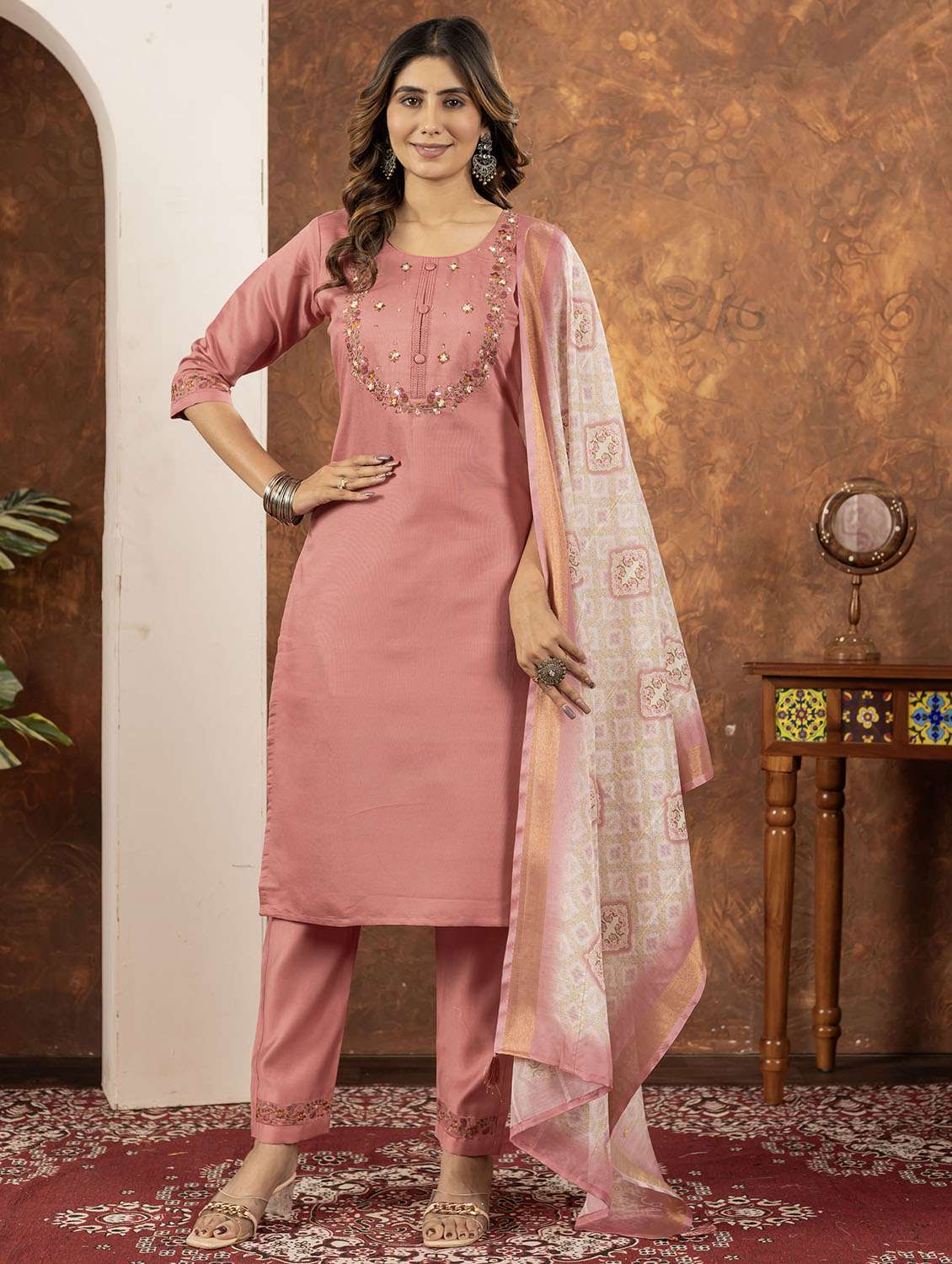 women embroidered three quarter sleeve kurta pant with dupatta set