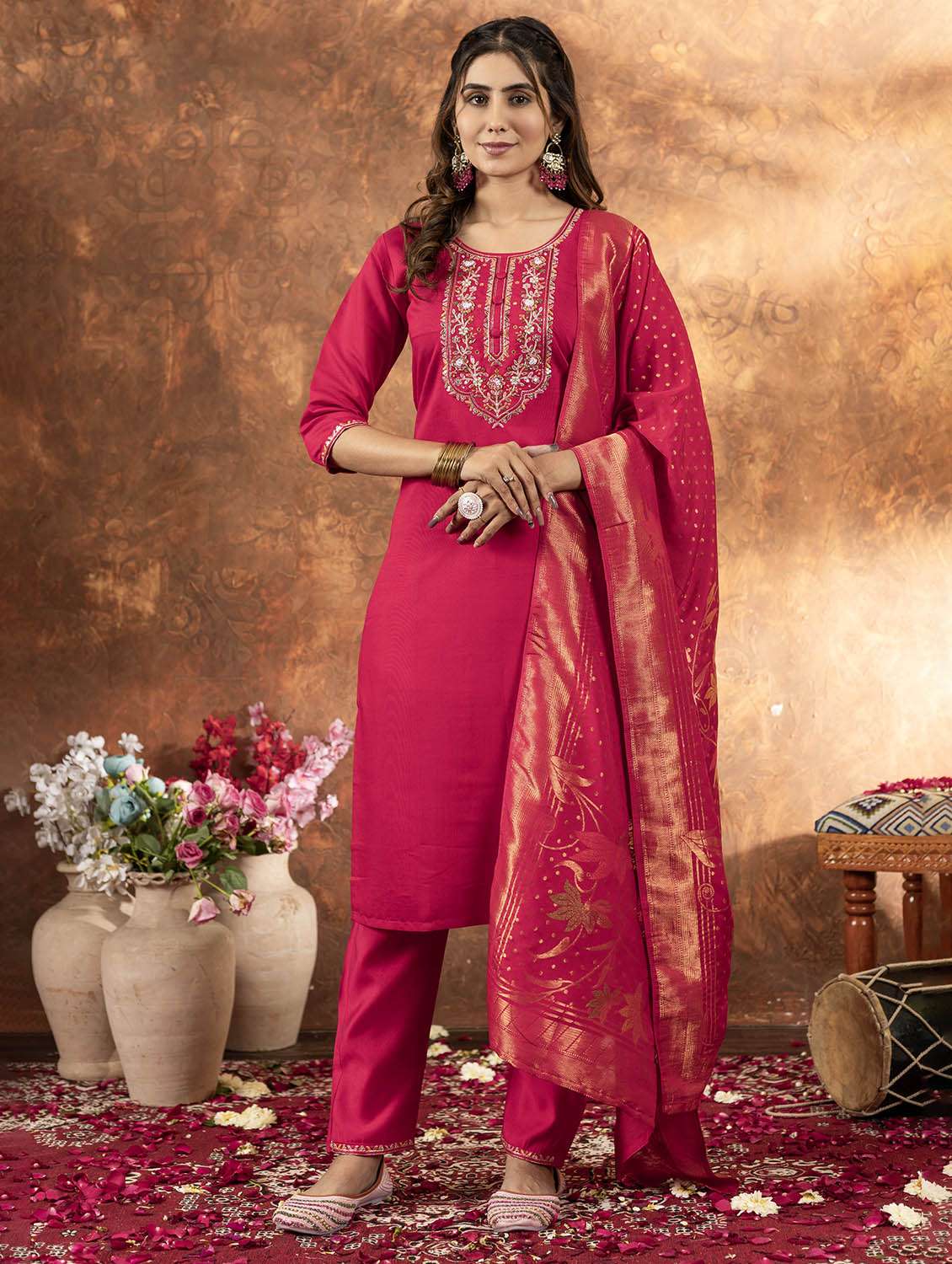 women embroidered three quarter sleeve kurta pant with dupatta set - 22053771 - Zoom Image - 0
