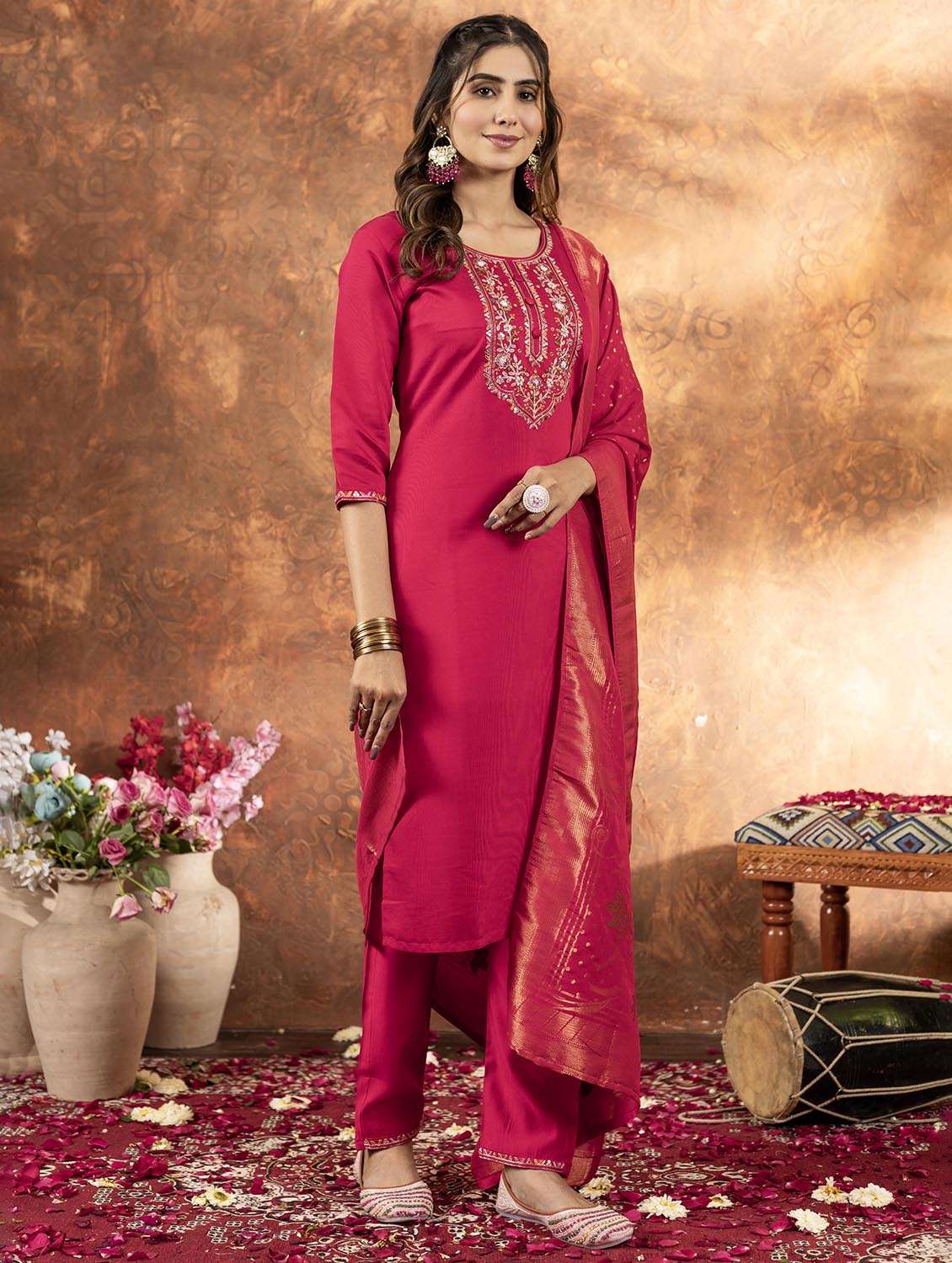 women embroidered three quarter sleeve kurta pant with dupatta set - 22053771 - Standard Image - 3