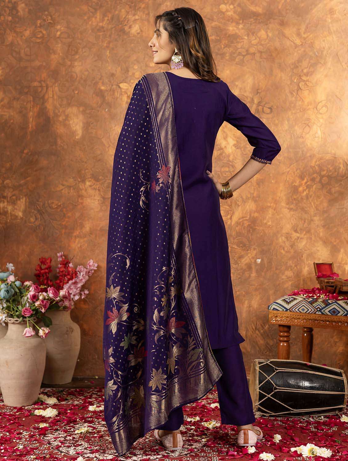 women embroidered three quarter sleeve kurta pant with dupatta set - 22053772 - Standard Image - 3